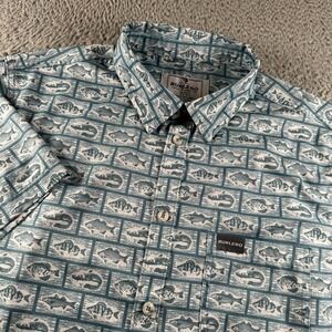 Burlebo Shirt Mens L Short Sleeve Button Up Fish Print Teal Performance